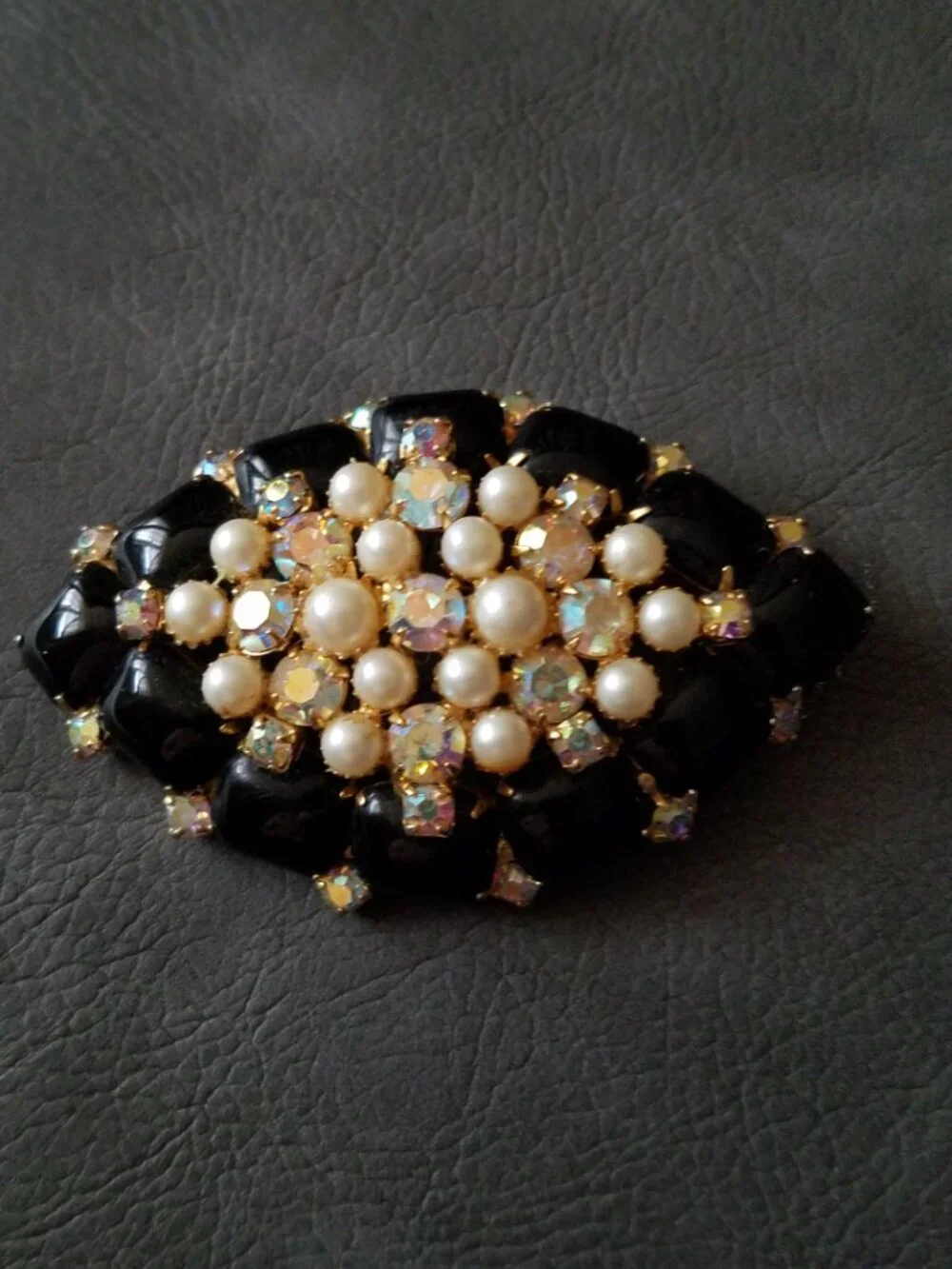 Vintage Black Glass with Faux Pearls and Rhinestone Domed Brooch